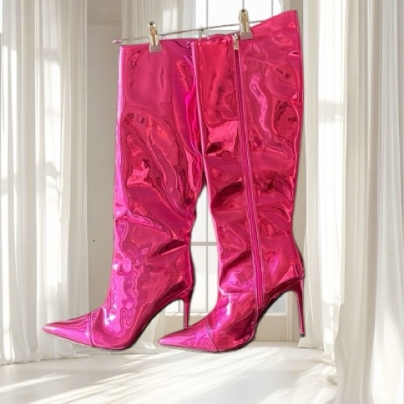Shoes - Metallic Pink Patent Leather Tall Stiletto Boots Size 9.5
